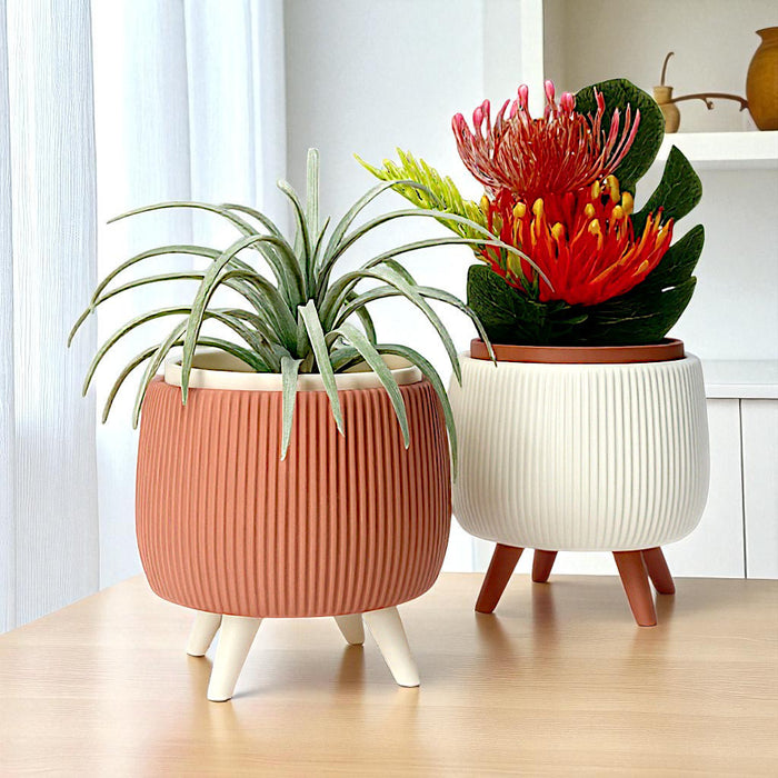 Arco Ribbed Planter with Removable Liner & Four Legs – 3D Printed Plant Pot / Cachepot, 3" 5" 7", Elevated Drainage