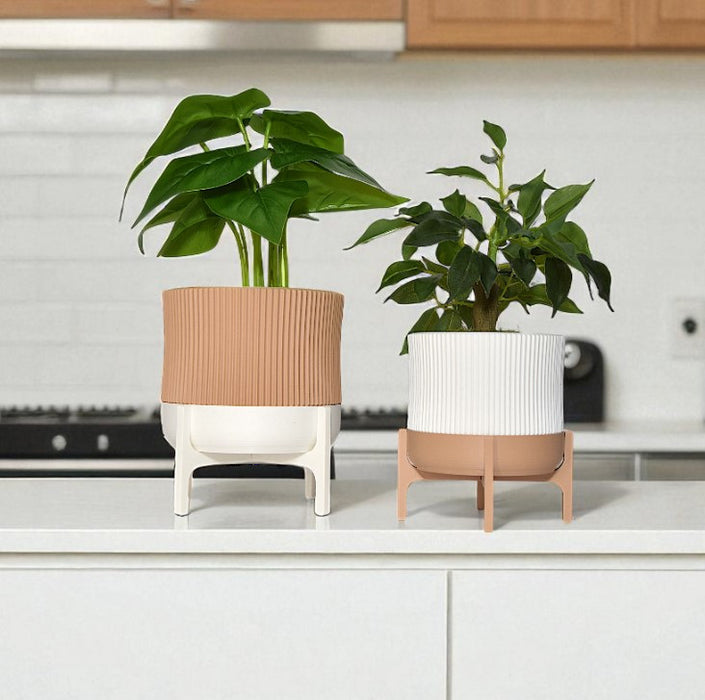 Rialto Pedestal Planter – 3D Printed Ribbed Pot with Stand, Drainage Hole / No Hole, Removable Stand