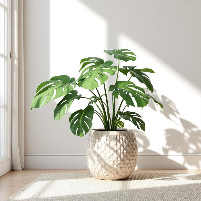 Monstera deliciosa houseplant with large split green leaves