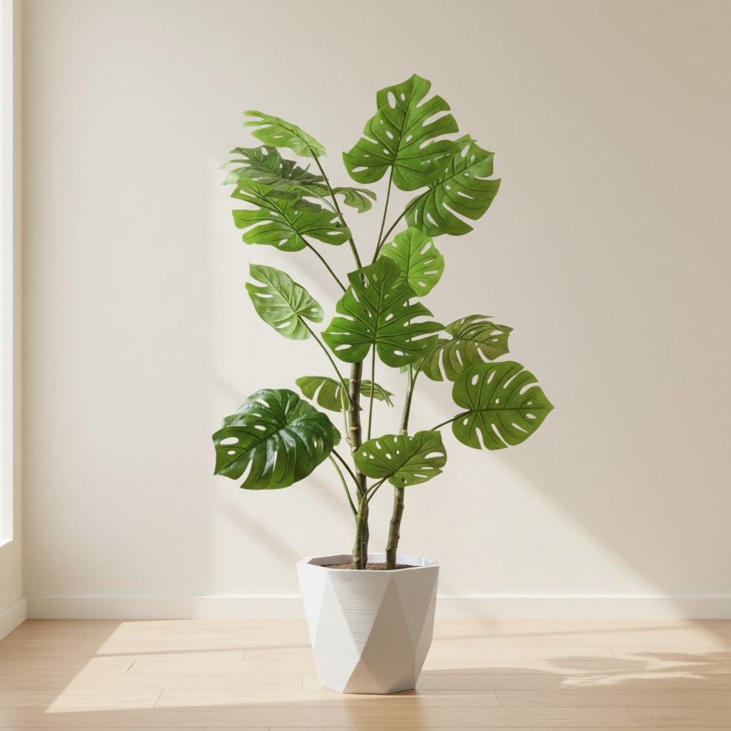 Monstera adansonii houseplant with fenestrated green leaves