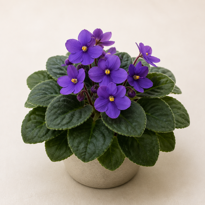 African violet with fuzzy dark green rosette leaves and purple flowers in a short neutral pot