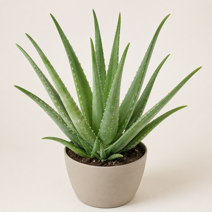 Healthy aloe vera rosette with fleshy spotted green leaves in a neutral pot