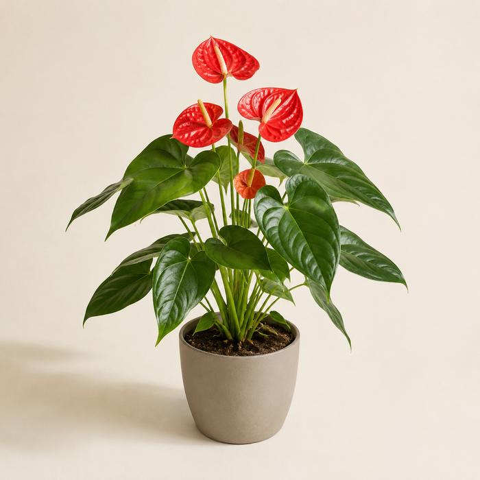 Anthurium andraeanum with glossy heart-shaped leaves and red flower spathes