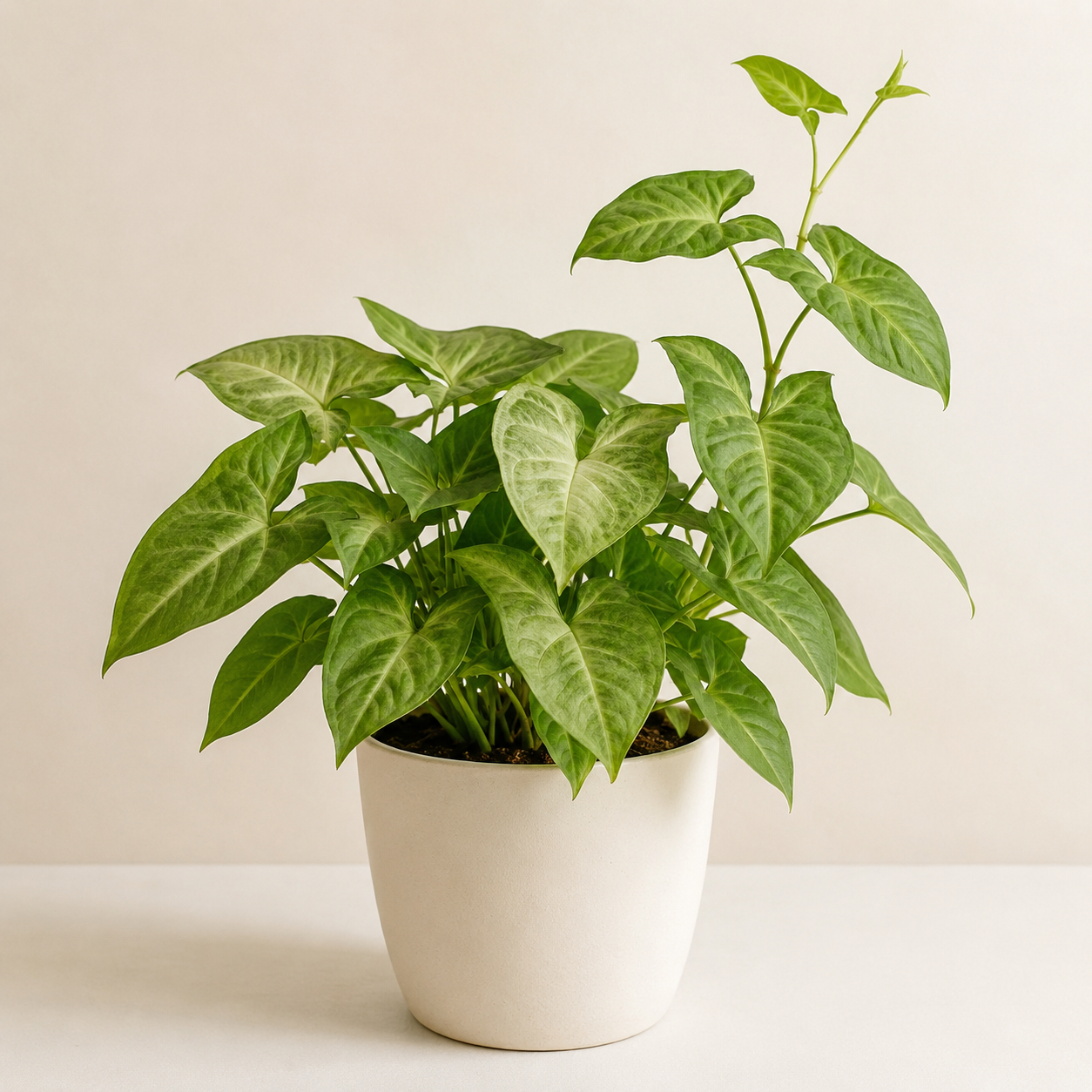 Arrowhead plant with green arrow-shaped leaves and a young vining stem