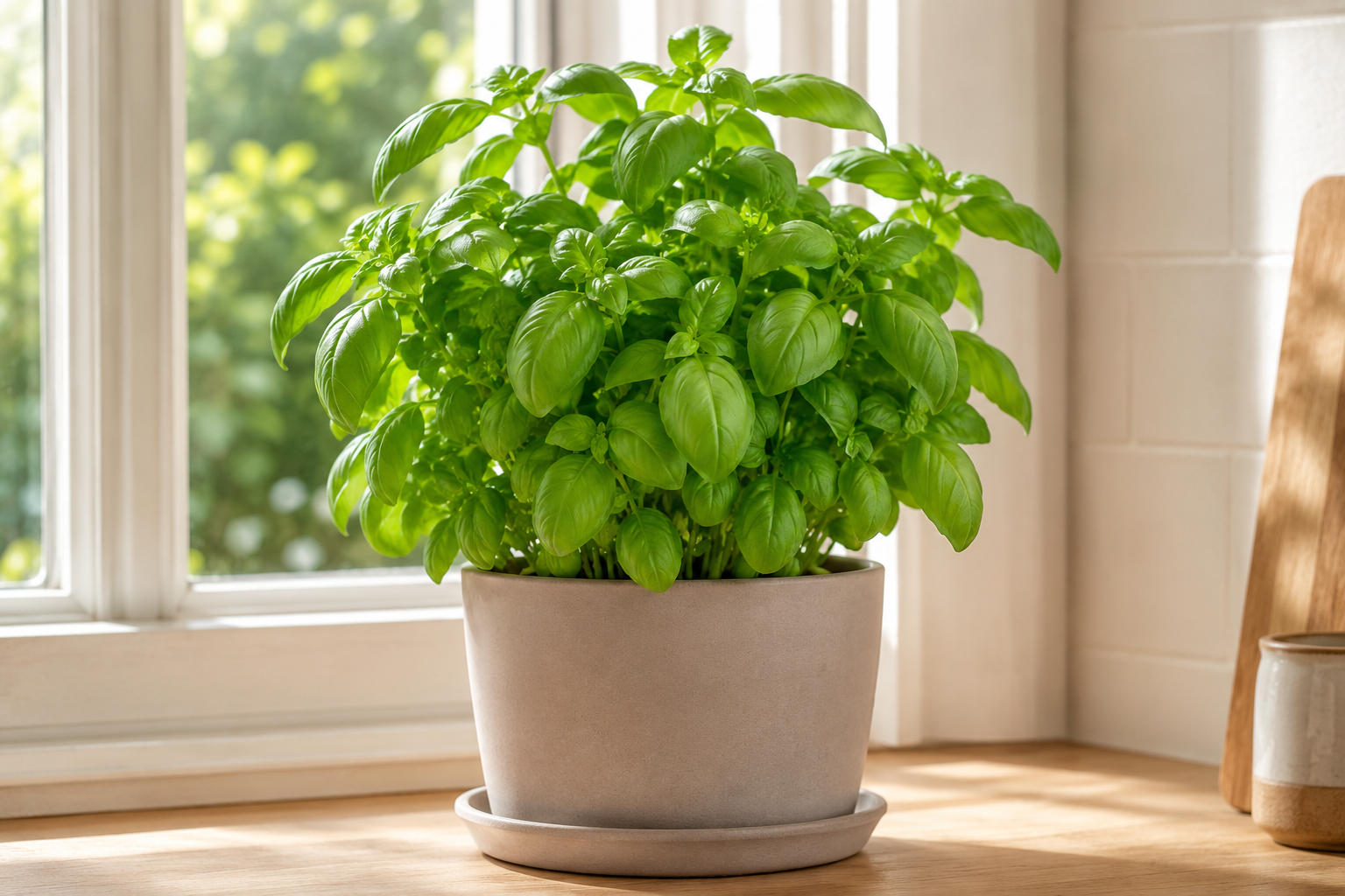 Healthy sweet basil with broad green leaves in a sunny kitchen planter