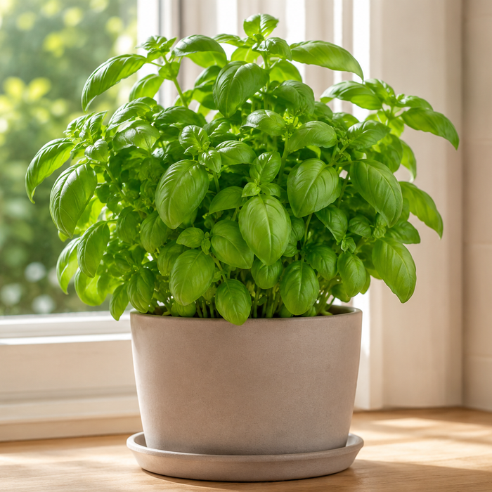 Healthy sweet basil with broad green leaves in a sunny kitchen planter
