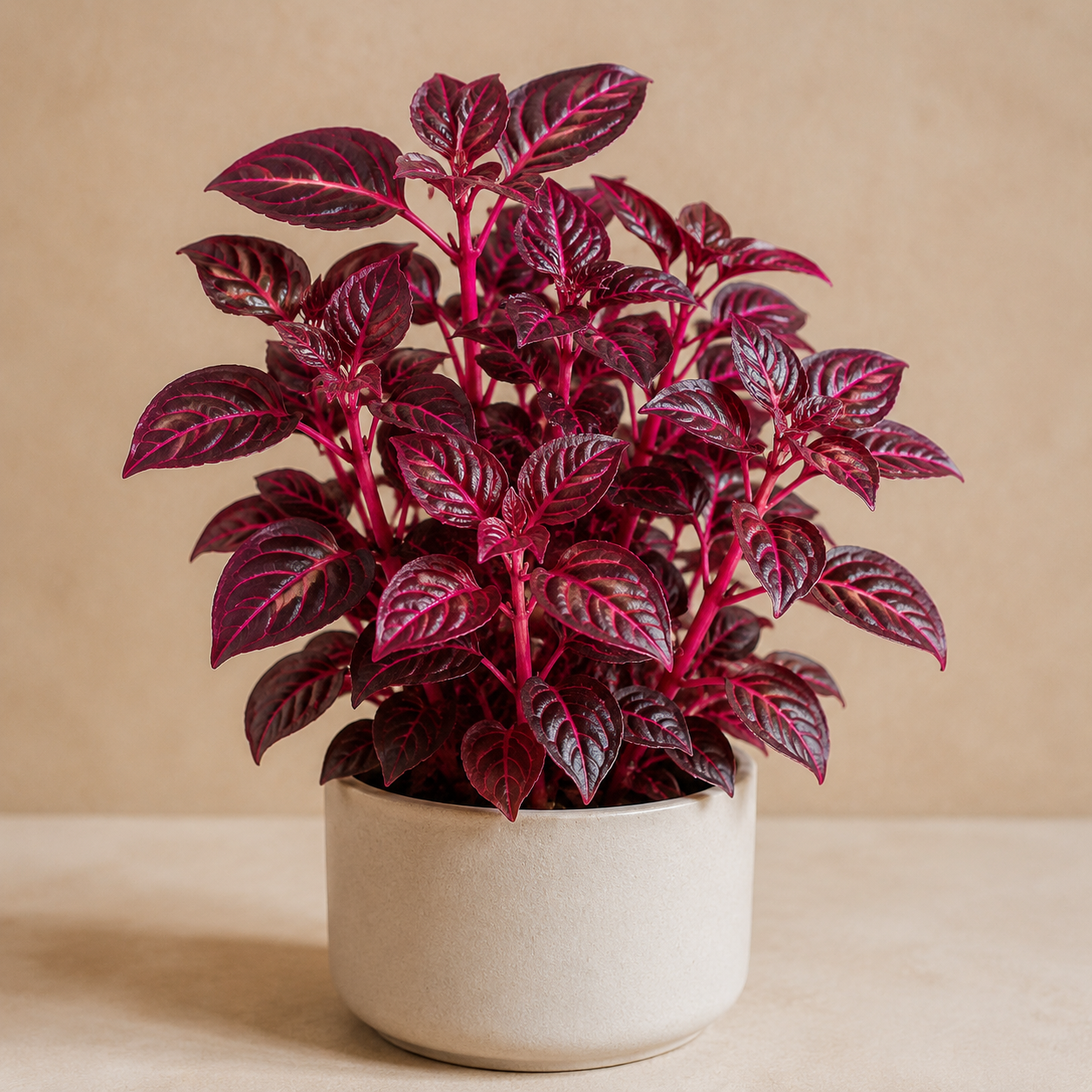 Bloodleaf with glossy burgundy leaves, hot pink veins, and upright stems
