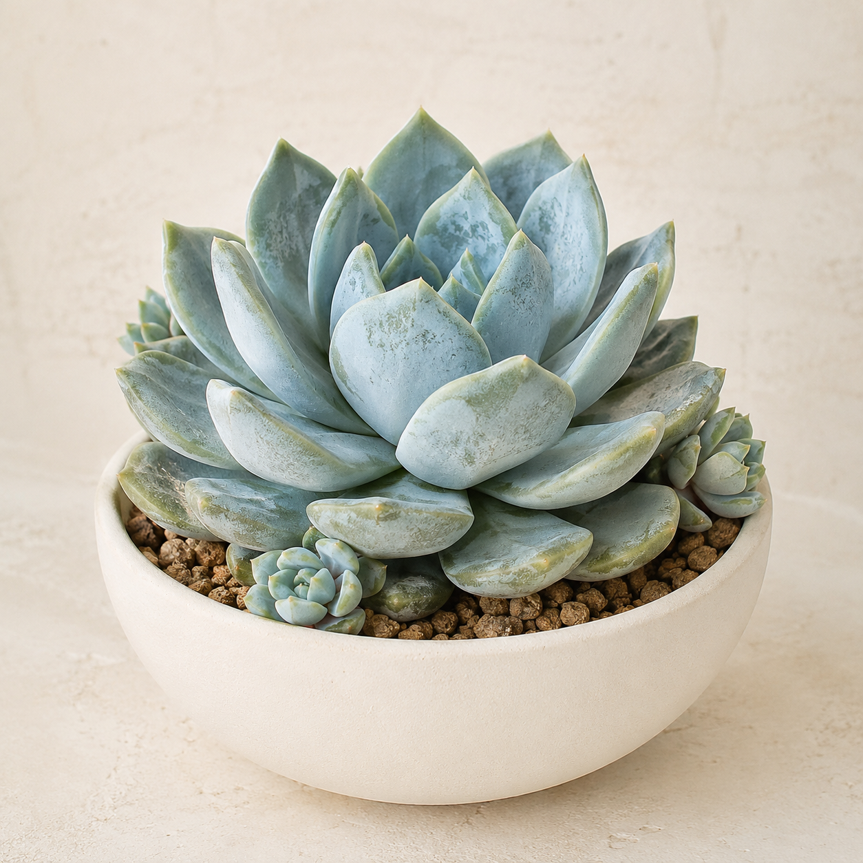 Blue Echeveria rosette with powdery blue-green leaves and small offsets