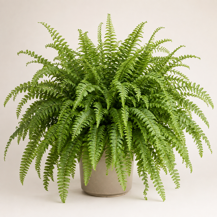 Lush Boston fern with dense arching pinnate green fronds in a neutral pot