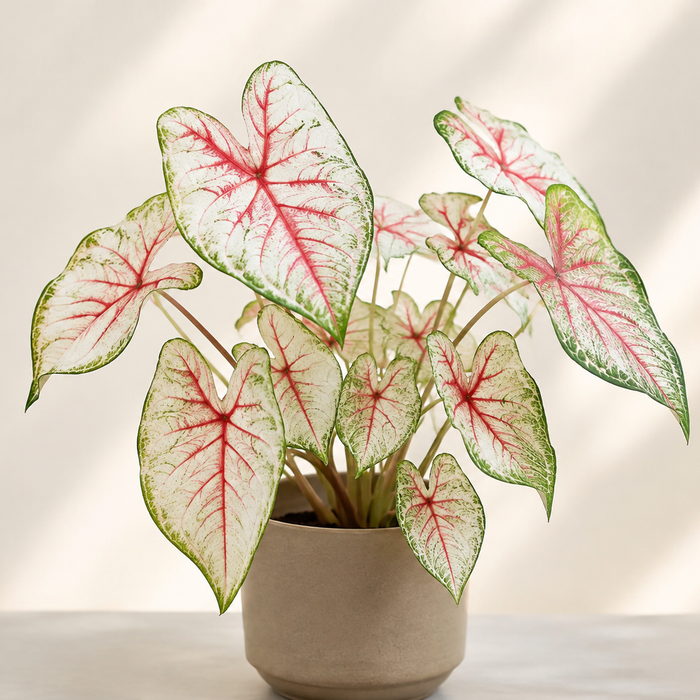 Caladium with white heart-shaped leaves, green margins, and vivid pink-red veins