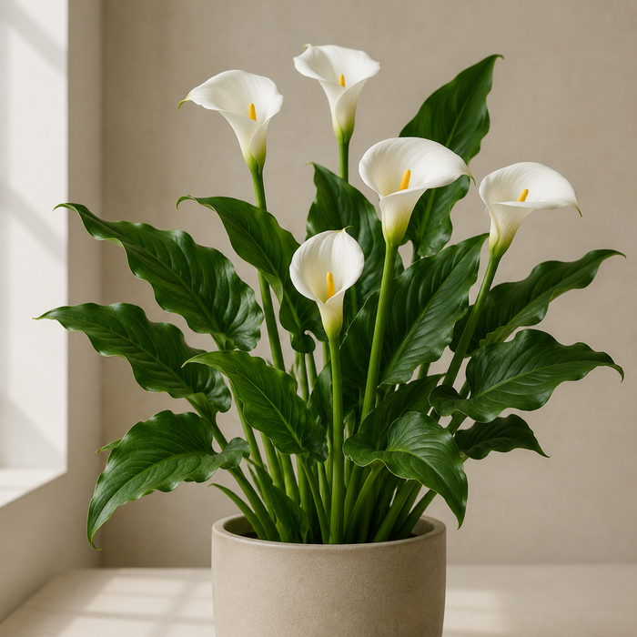White calla lily with upright spathes and arrow-shaped leaves in a planter