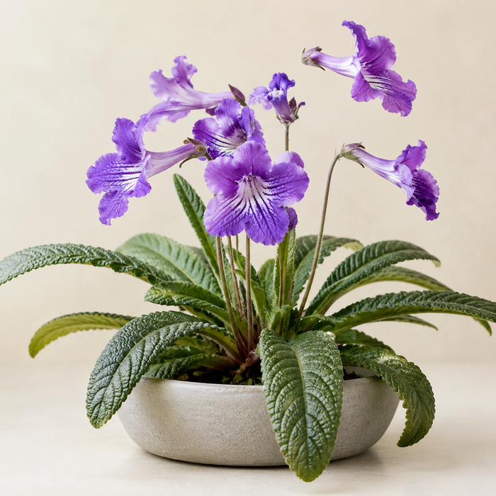 Cape Primrose with quilted strap leaves and purple trumpet flowers in a shallow planter