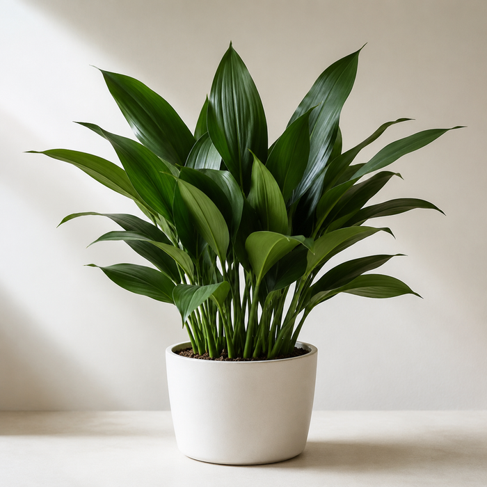 Cast iron plant with glossy upright dark green leaves in an indoor pot