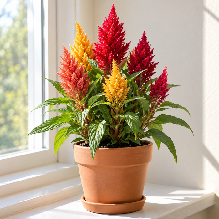 Compact plumosa celosia in a sunny indoor container