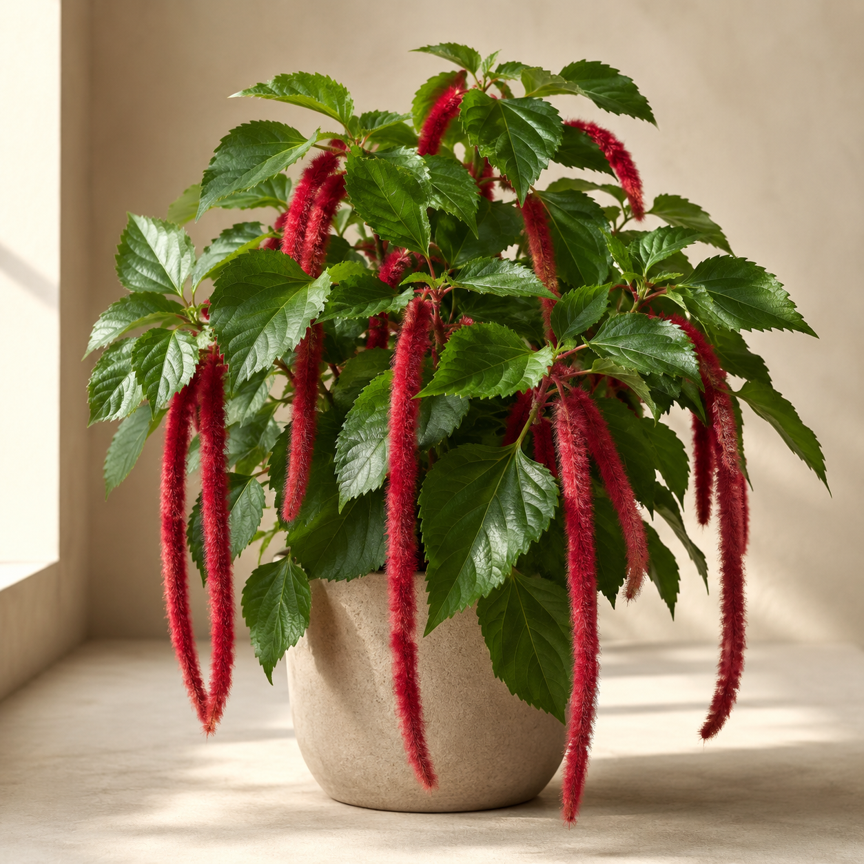 Chenille plant with red fuzzy flower spikes in a neutral indoor planter