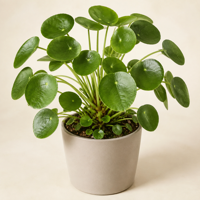 Chinese money plant with round coin-shaped green leaves and small pups in a neutral nursery pot