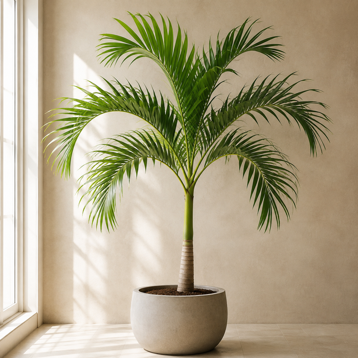 Young Christmas palm with a single trunk and arching green fronds indoors