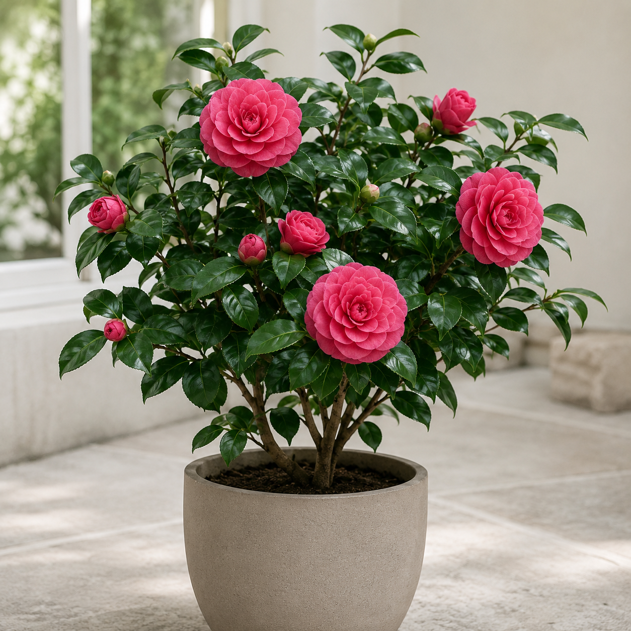 Potted common camellia with glossy leaves and layered pink flowers