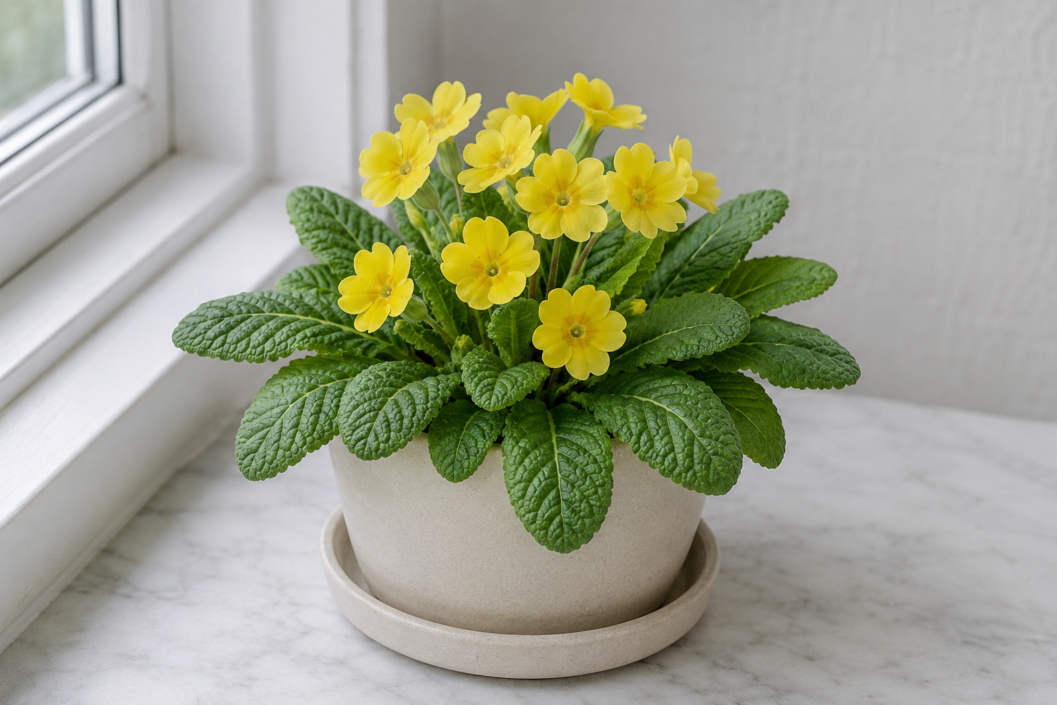 Common primrose with yellow flowers and crinkled green leaves in a cool bright room