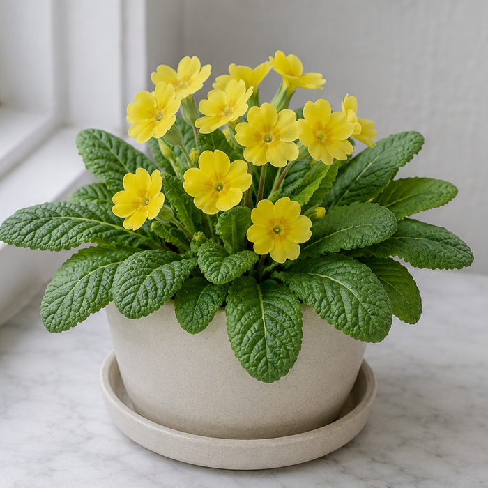 Common primrose with yellow flowers and crinkled green leaves in a cool bright room