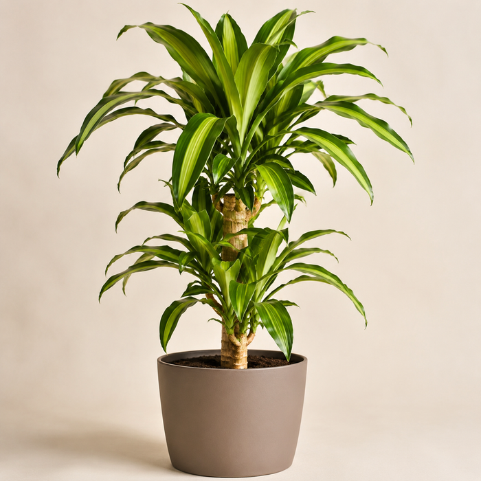 Corn plant Dracaena fragrans with upright cane and striped green leaves