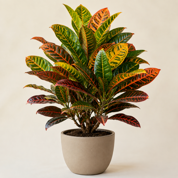 Croton Petra with glossy green yellow orange and red leaves