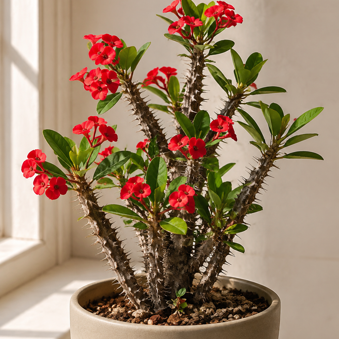Crown of thorns with thorny succulent stems, small green leaves, and red flower bracts