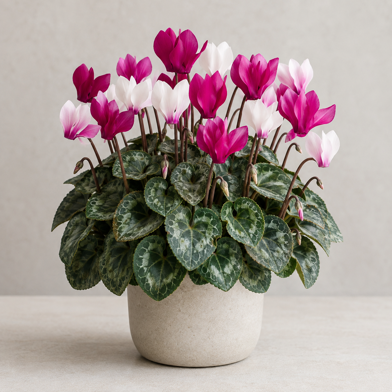 Florist’s cyclamen with silver marbled leaves and pink and white flowers