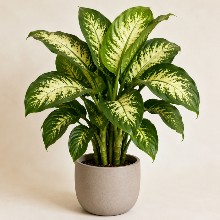 Dieffenbachia with broad cream-variegated green leaves