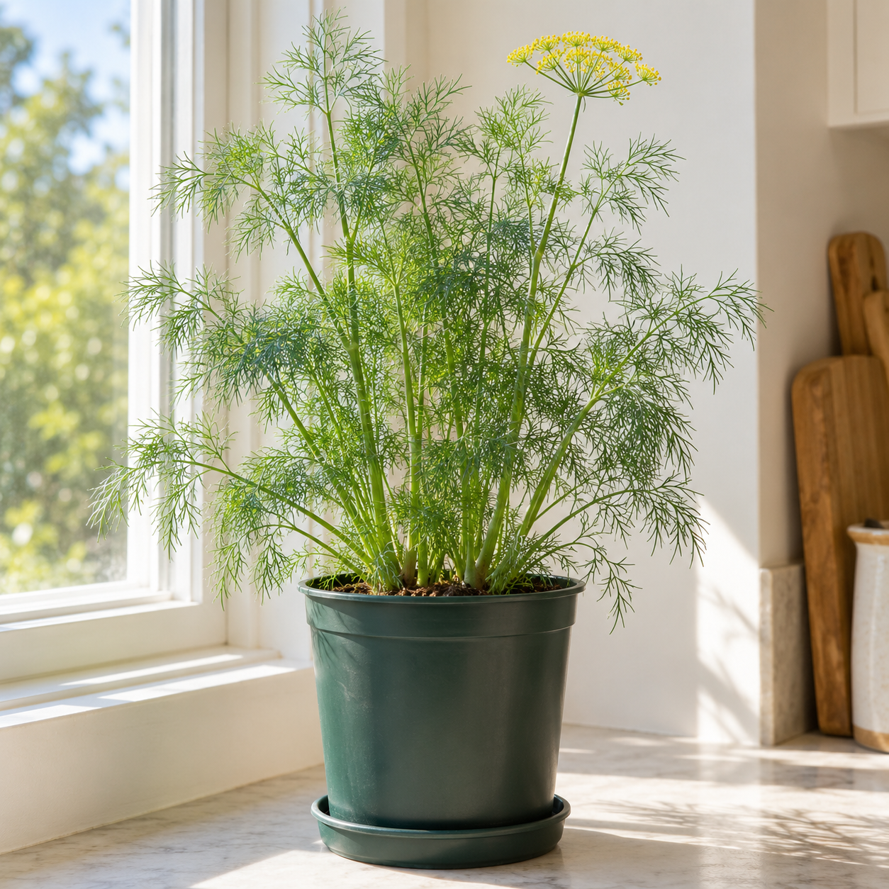 Dill growing indoors in a deep container at a sunny window