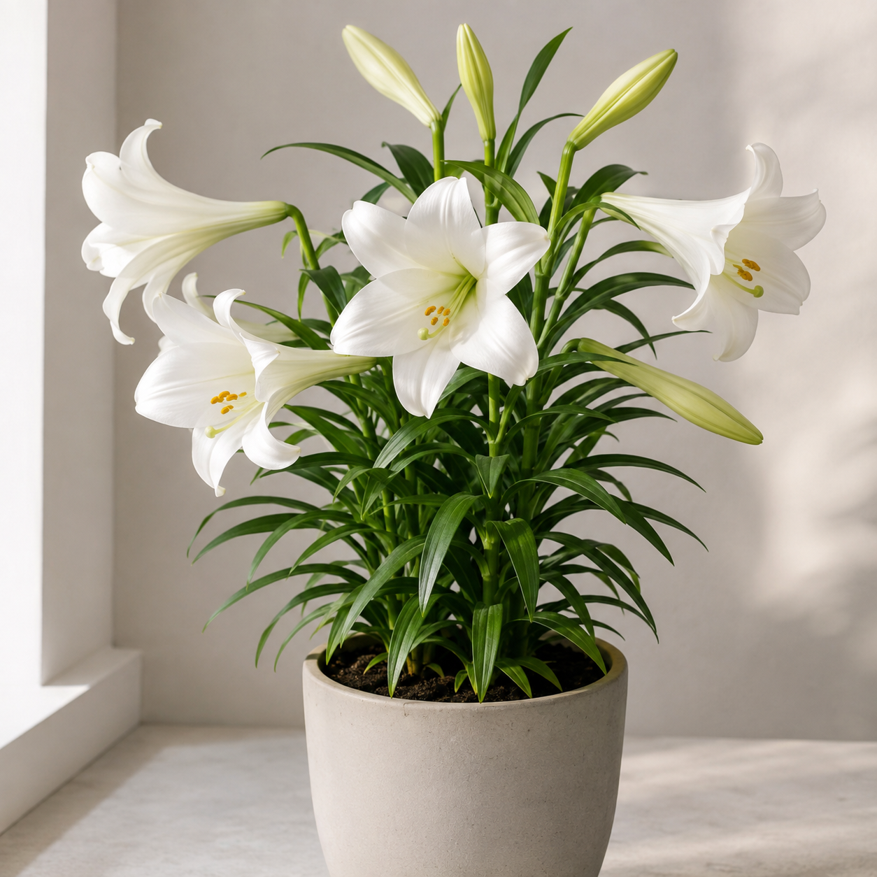 Potted Easter lily with white trumpet flowers and narrow green leaves