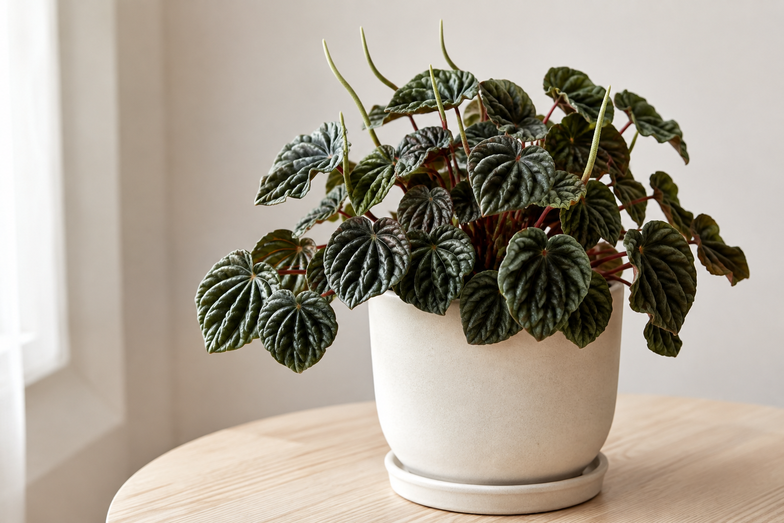 Emerald Ripple Peperomia with corrugated dark green leaves in a small indoor planter