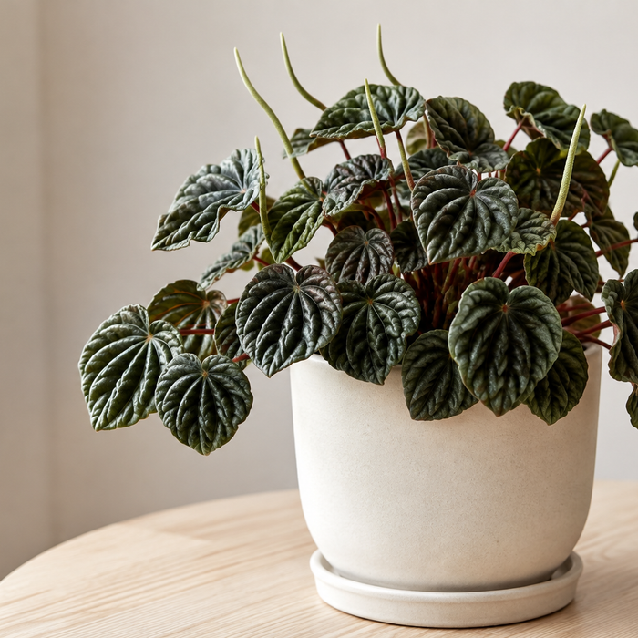 Emerald Ripple Peperomia with corrugated dark green leaves in a small indoor planter