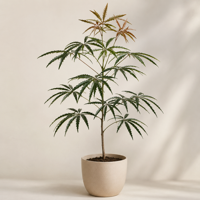 False Aralia with narrow serrated leaflets and airy upright growth in a neutral planter