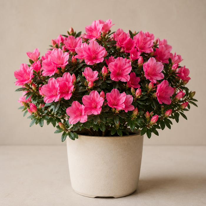 Compact Florist Azalea with dense green foliage and bright pink flowers