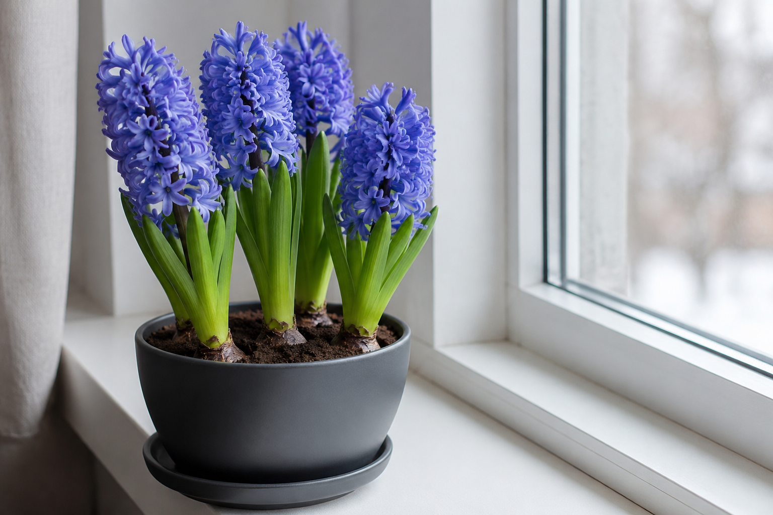 Garden hyacinth bulbs with dense blue-purple flower spikes in an indoor planter