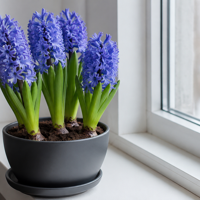 Garden hyacinth bulbs with dense blue-purple flower spikes in an indoor planter