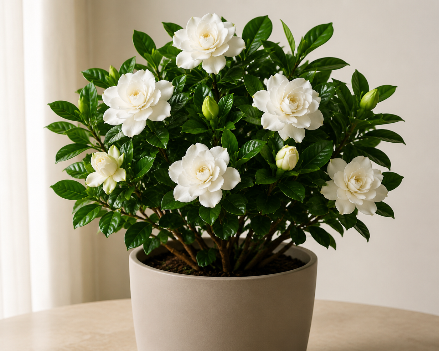 Compact Gardenia jasminoides with glossy dark green leaves, spiral buds, and white double flowers