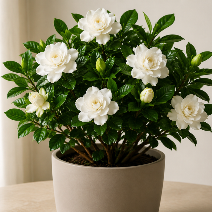 Compact Gardenia jasminoides with glossy dark green leaves, spiral buds, and white double flowers