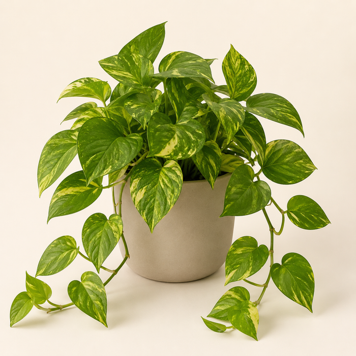 Golden pothos with trailing yellow-variegated leaves in a neutral nursery pot
