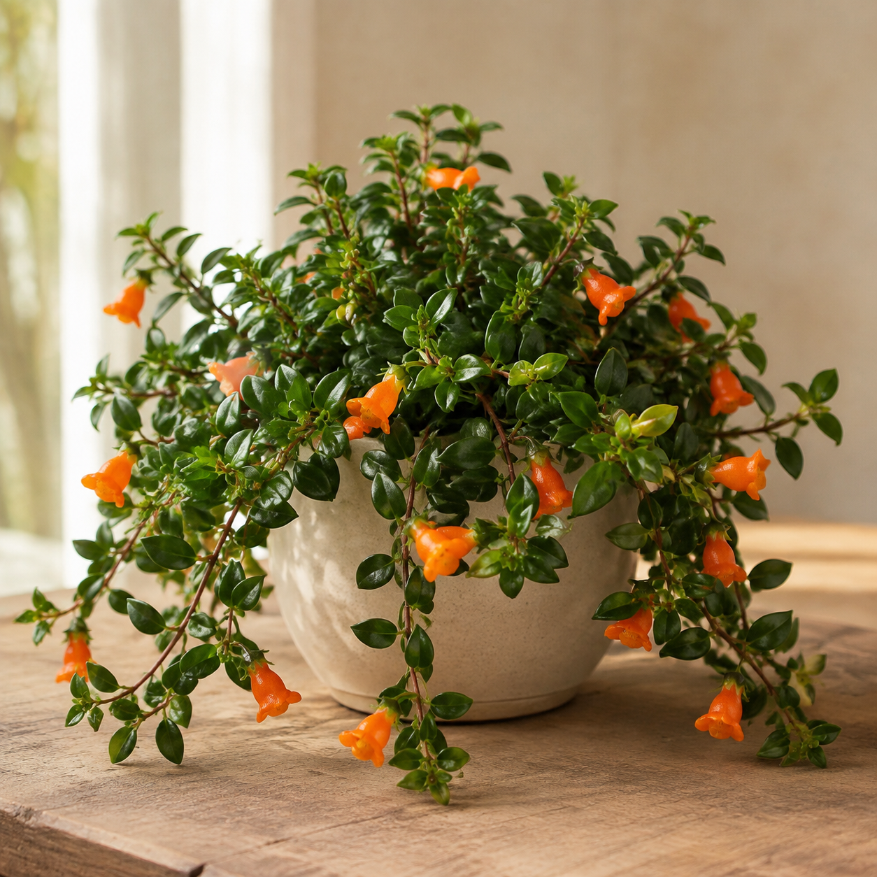 Goldfish plant with glossy trailing leaves and orange pouch-shaped flowers