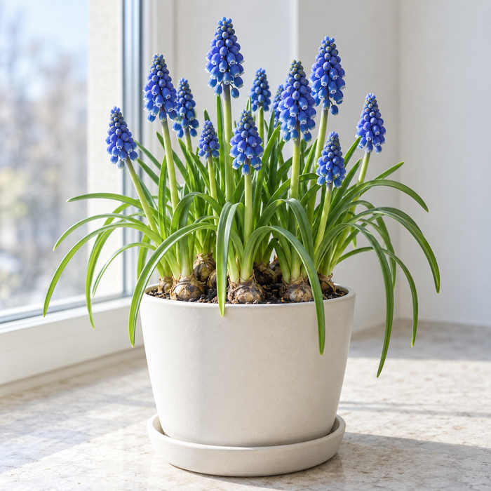 Grape hyacinth Muscari bulbs flowering in a drained pot indoors