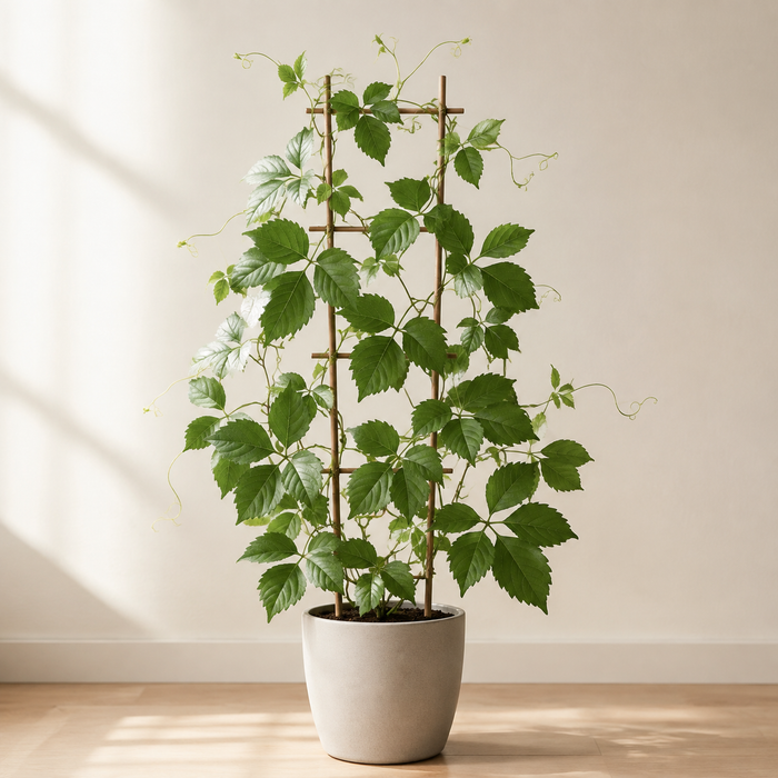 Grape ivy climbing a small trellis with glossy three-leaflet green leaves