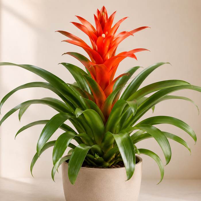 Guzmania bromeliad with glossy green rosette leaves and vivid red-orange flower bracts