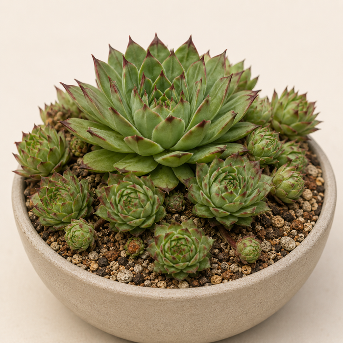Hens and Chicks succulent with one mother rosette and many offsets in a shallow planter