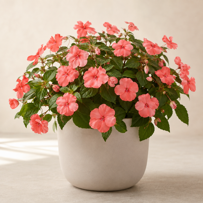 Impatiens with coral pink flowers and serrated green leaves in a neutral planter