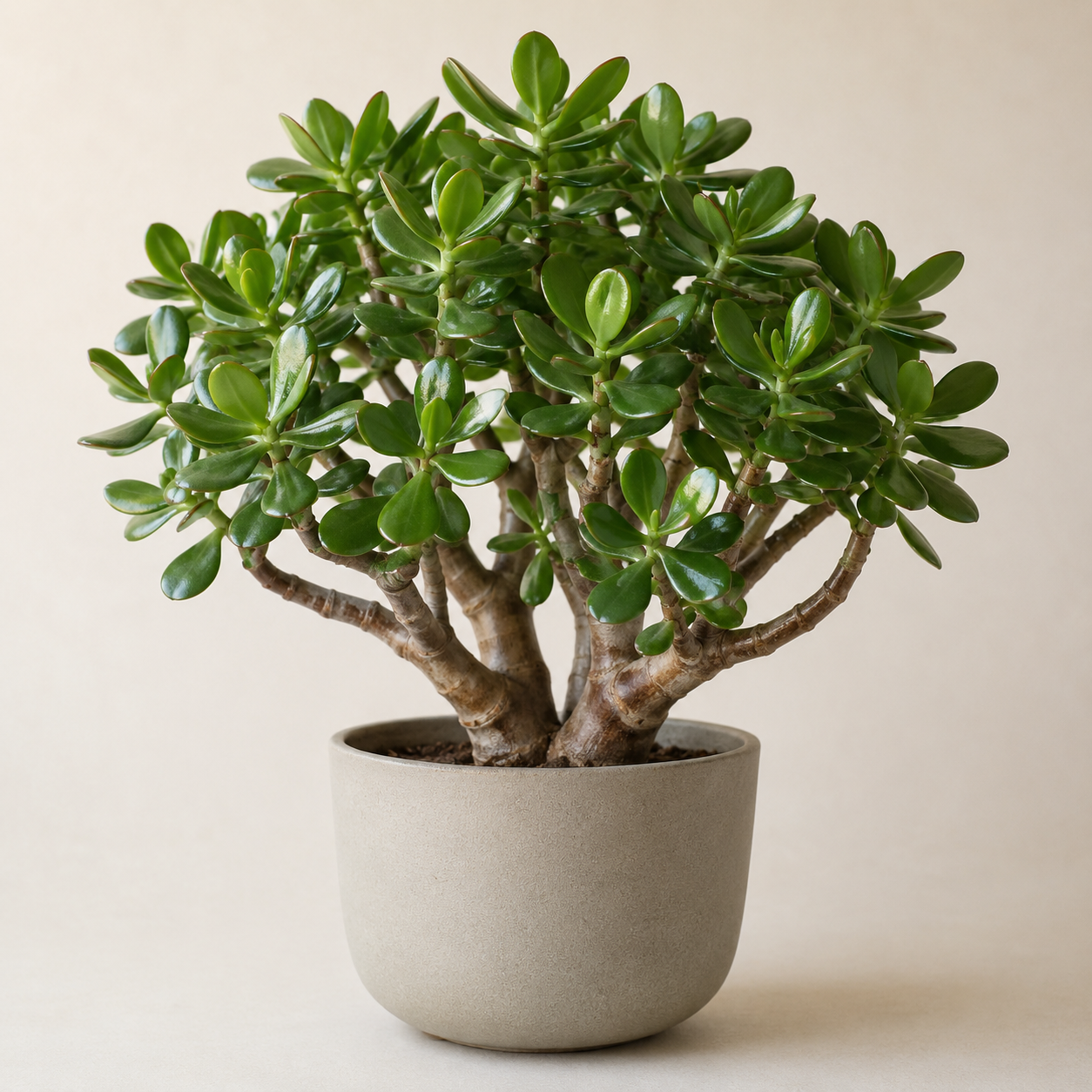 Mature tabletop jade plant with thick woody stems and glossy oval succulent leaves in a neutral pot