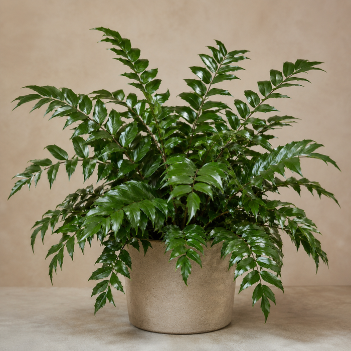 Japanese Holly Fern with glossy holly-like leaflets on arching green fronds