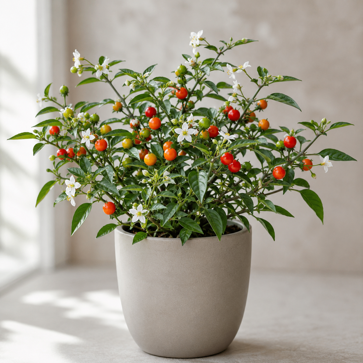 Jerusalem cherry with white star flowers and orange-red ornamental fruits