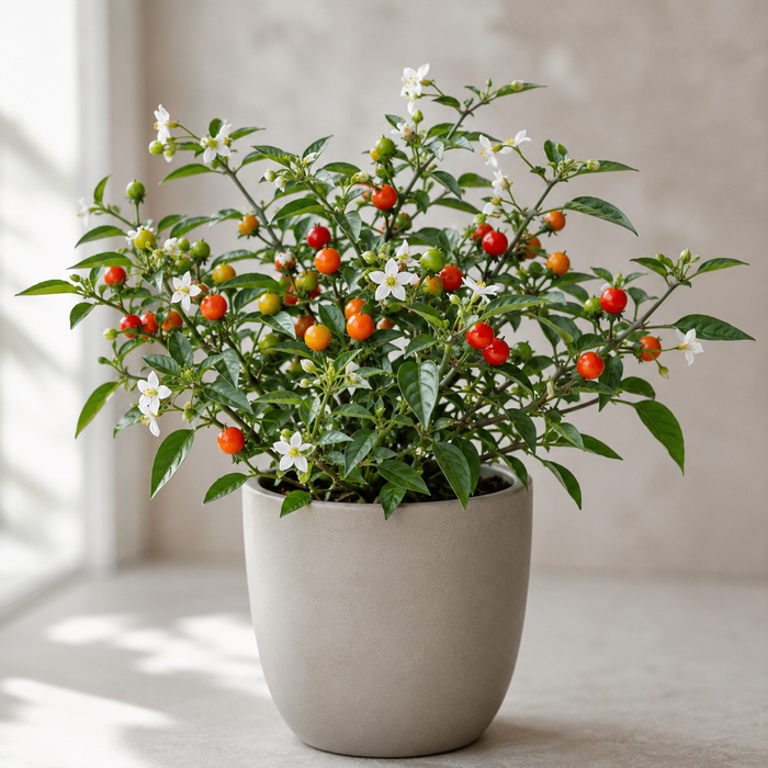 Jerusalem cherry with white star flowers and orange-red ornamental fruits